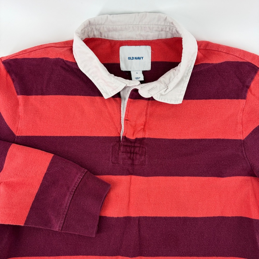 Old Navy Rugby Shirt Mens M Striped Long Sleeve Maroon Red Y2K Preppy Colorblock